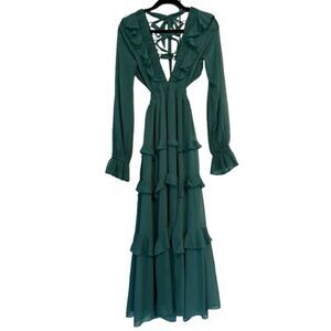 Emerald Teal Green Ruffle Lace-Up Open Back Long Sleeve Dress